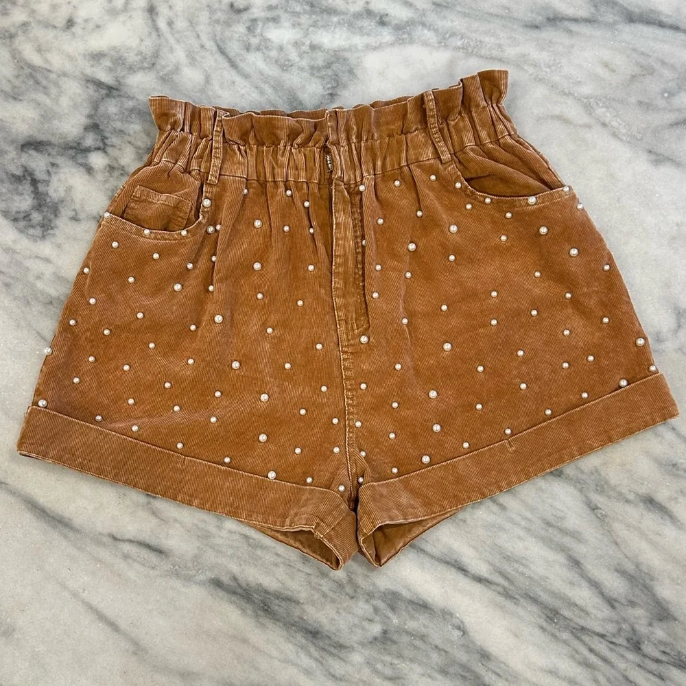 Fantastic Fawn Brown Corduroy Cuff Short with Pearl Accent Paper Bag Waist L